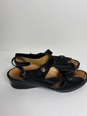 Finn Comfort Sandals Womens UK 6 US 8.5 Black Leather Ankle Strap Wedge Shoes